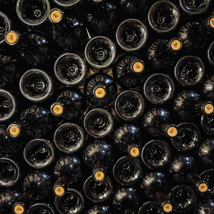 Bouteilles de rouge alignées en cave